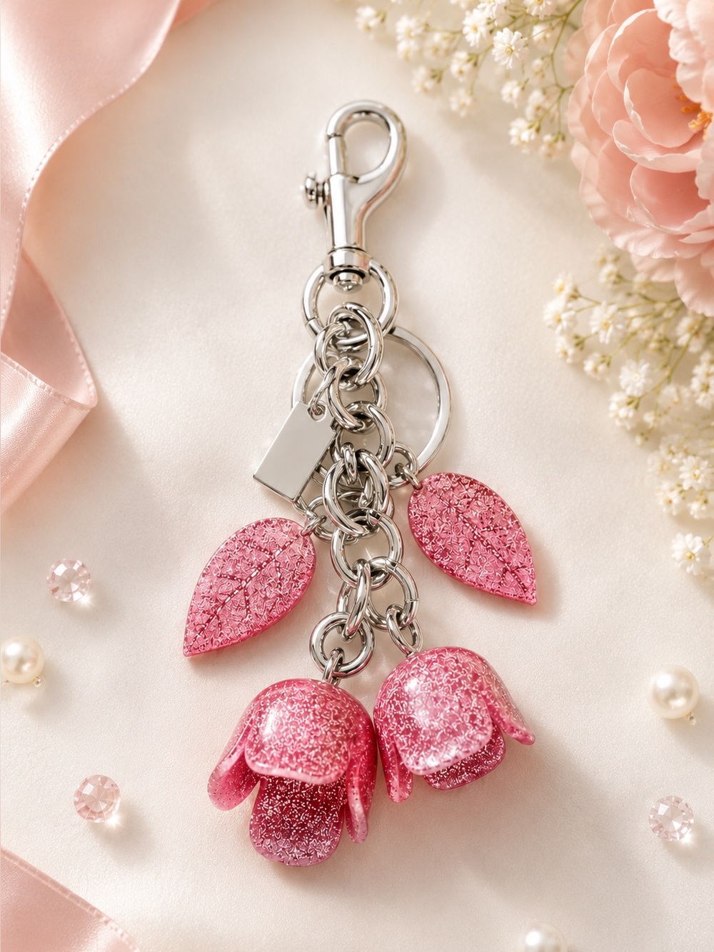 Tea Rose Style Pink Glitter Bell Flower Bag Charm - Picture 3 of 4